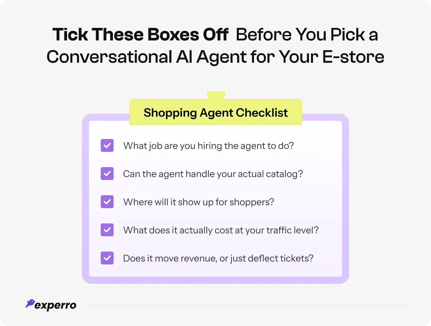 A checklist infographic to consider before choosing the conversational AI agent