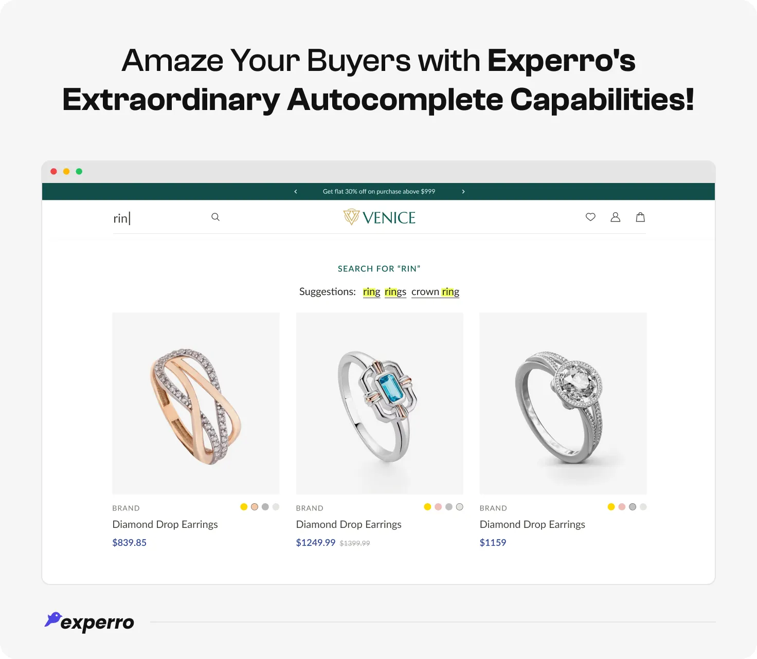 A screenshot of an e-store that is equipped with search autocomplete feature by Experro