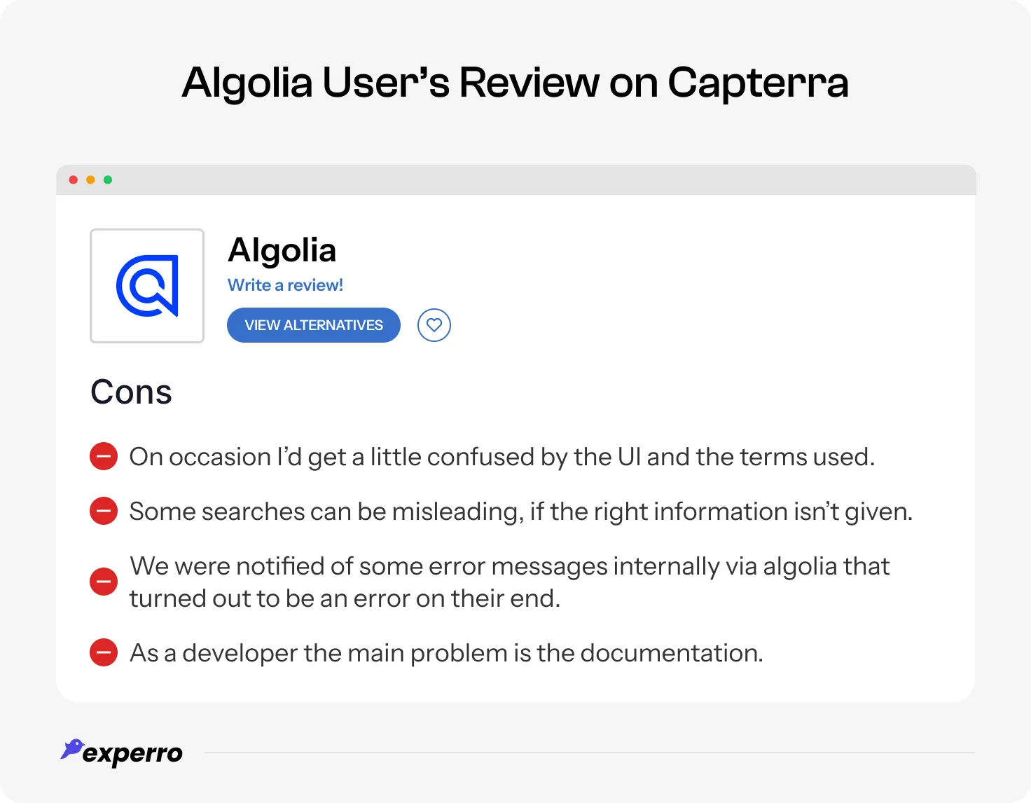 A screenshot of the review by an  unhappy user of Algolia expressing views on Capterra review platform