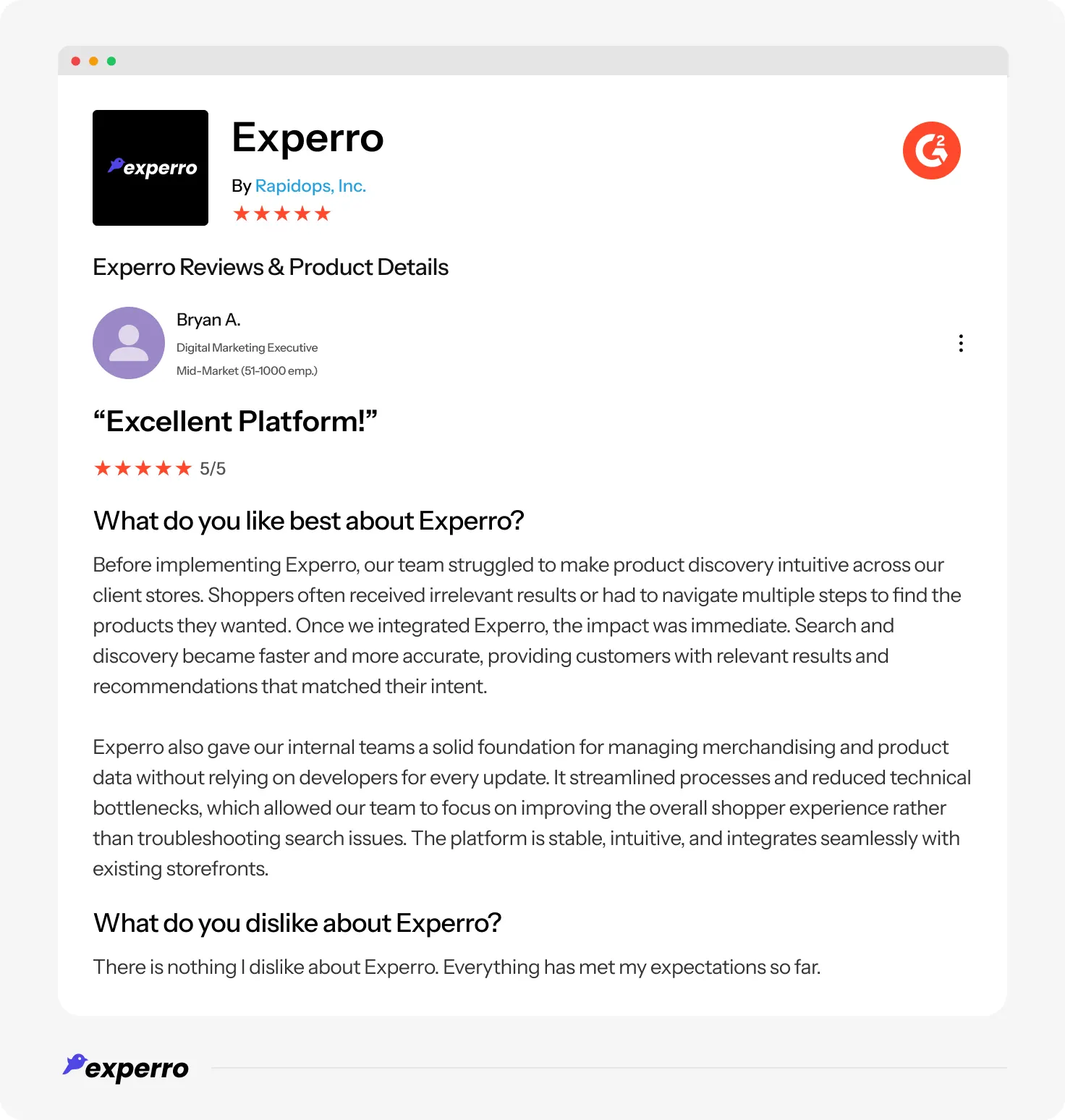 A snippet of a positive review from a happy client of Experro on G2 A snippet of a positive review from a happy client of Experro on G2