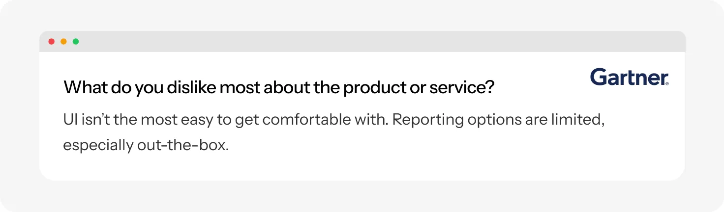 Experro found a Gartner review noting challenges with Coveo’s UI and limited reporting options
