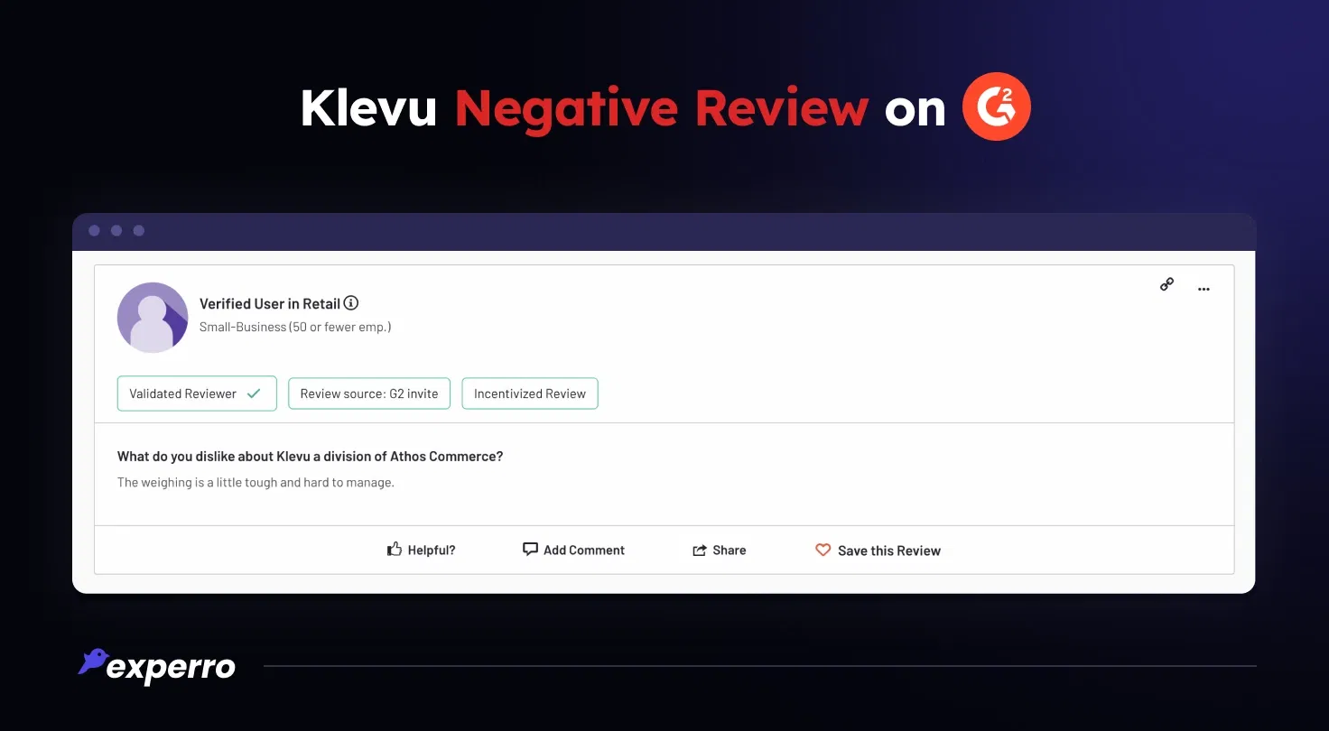 Klevu Negative User Review on G2