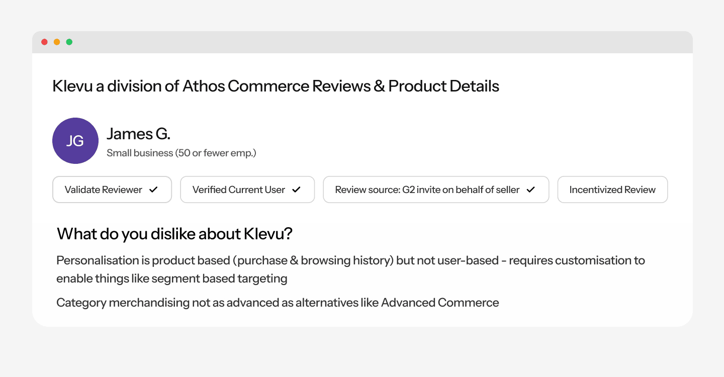 Klevu User Complaining About Personalization and Merchandising on G2