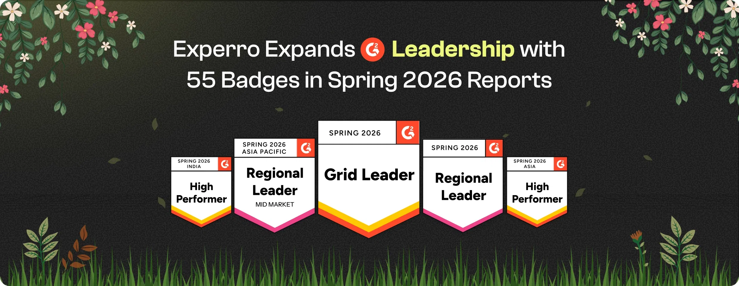 Press release on G2 Spring 2026 reports award Experro with 55 badges and grid mentions